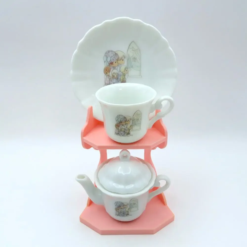 Vintage 1989 Precious Moments Miniature Tea Set Enesco Teapot Cup Saucer Stand